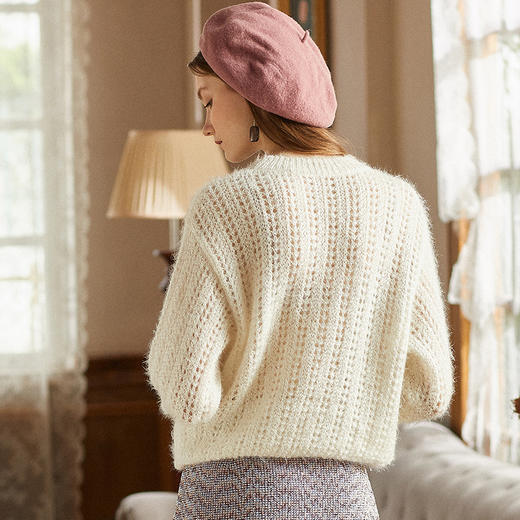 欧芮儿春秋装2019 显瘦宽松慵懒风打底镂空长袖杏色毛衣女 商品图1