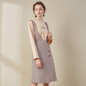 欧芮儿2018秋装新款长袖上衣女格子背带连衣裙女中长款套装
