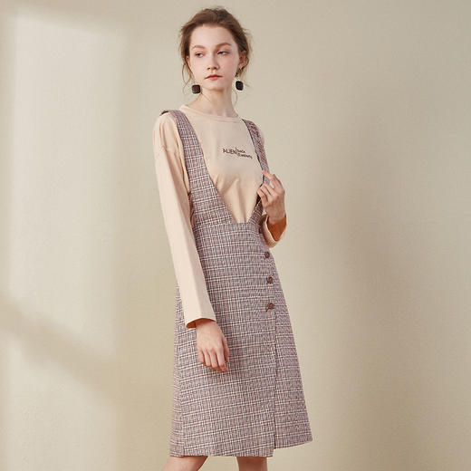 欧芮儿2018秋装新款长袖上衣女格子背带连衣裙女中长款套装 商品图0