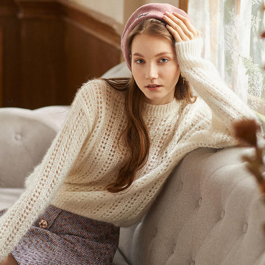 欧芮儿春秋装2019 显瘦宽松慵懒风打底镂空长袖杏色毛衣女 商品图0