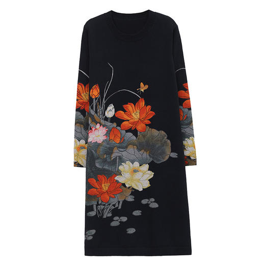 秋冬配大衣的毛衣裙，大款下摆开叉圆领洋气中长款印花连衣裙厚CC-38-8809 商品图4