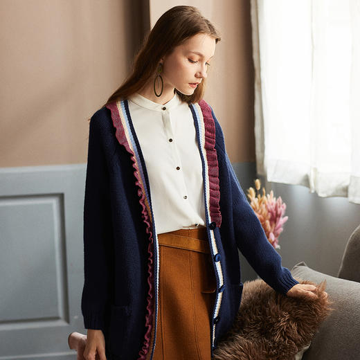 欧芮儿毛衣外套女韩版2019秋装蓝色针织开衫长袖宽松外穿中长 商品图0