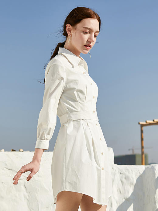 欧芮儿2020秋装新款长袖白色衬衫连衣裙女中长气质收腰A字百褶裙 商品图0