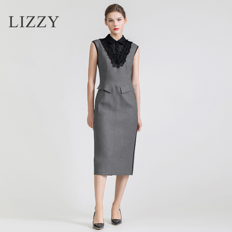 LIZZY 优雅名媛风蕾丝碰撞POLO衬衫领气质商务连衣裙7431