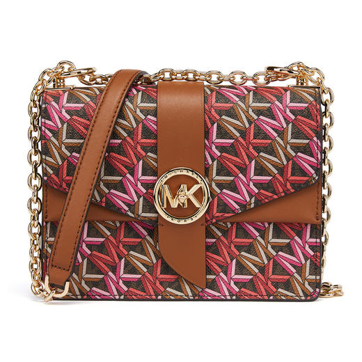 MICHAEL KORS 迈克.科尔斯MK 女士Greenwich系列小号老花斜挎包 深棕/牛皮棕/玫红 32H1GGRC1I 商品图0