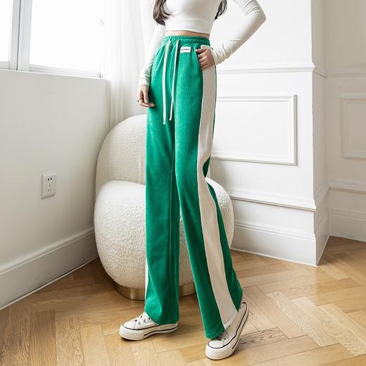 【新品推荐 时尚百搭高腰显瘦潮流】时尚侧标抽绳灯芯绒阔腿裤女休闲运动风拼色宽松垂坠感直筒裤子女 商品图1
