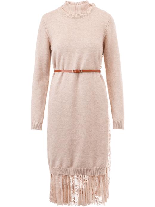 欧芮儿两件套蕾丝针织连衣裙女2018冬装中长款显瘦收腰A字裙 商品图3