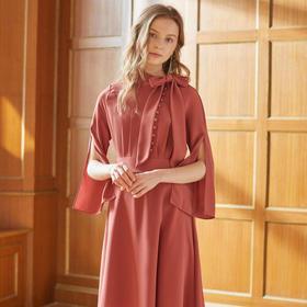 欧芮儿女秋装2018 长袖连衣裙红色收腰显瘦a字裙蝴蝶结中长