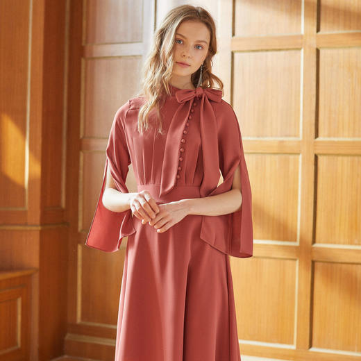 欧芮儿女秋装2018 长袖连衣裙红色收腰显瘦a字裙蝴蝶结中长 商品图0