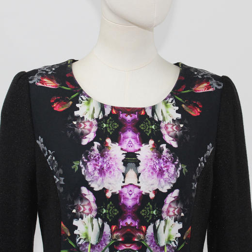 FOCALS福柯斯新款通勤圆领长袖印花拼接中长款连衣裙FYSCX270100 商品图3