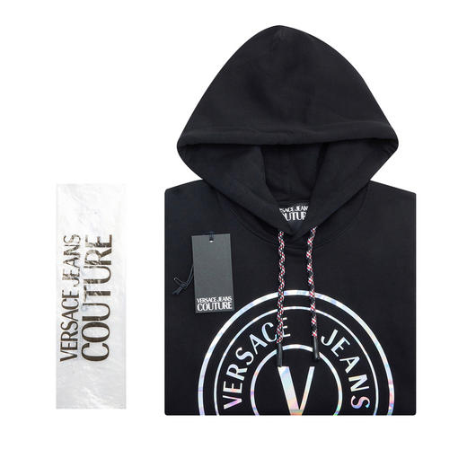 VERSACE JEANS COUTURE 范思哲 男士V EMBLEM系列徽标印花连帽卫衣 黑色73GAIG07 商品图2