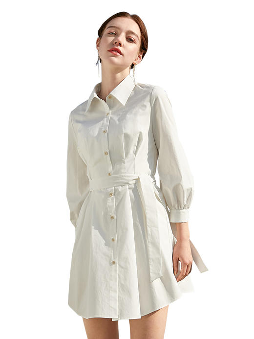 欧芮儿2020秋装新款长袖白色衬衫连衣裙女中长气质收腰A字百褶裙 商品图3