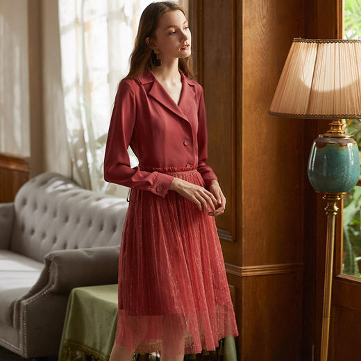 欧芮儿2018秋装新收腰显瘦翻折V领衬衫长袖网纱连衣裙女中长款 商品图0