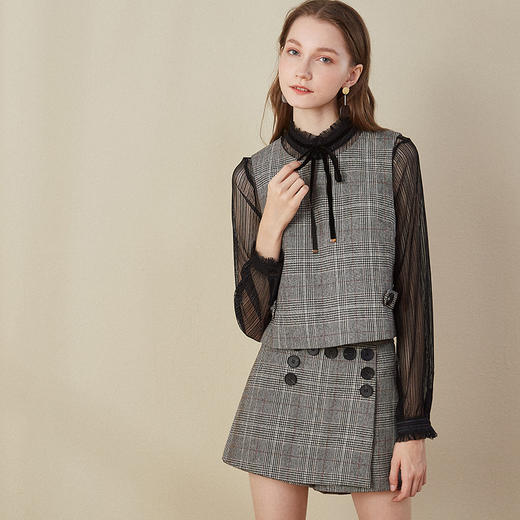 欧芮儿2018秋装新款女无袖马甲外套+格子半身裙女试试套装裙 商品图0