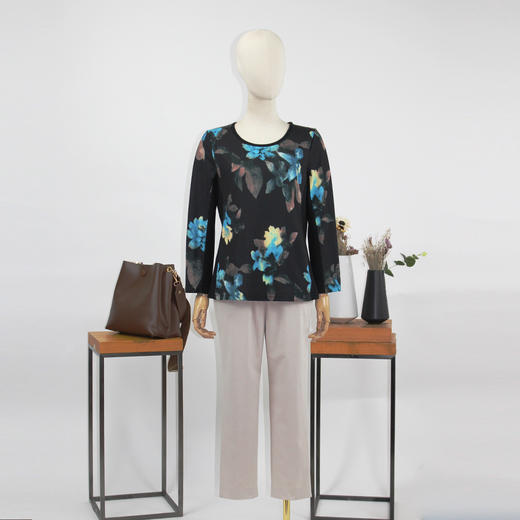 FOCALS福柯斯新款圆领套头长袖针织印花T恤上衣打底衫FYLCH600BV 商品图4