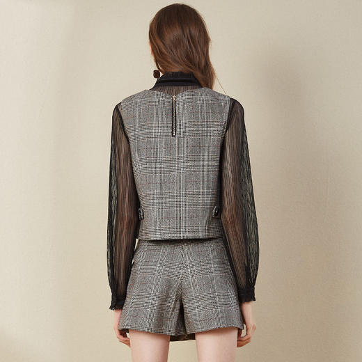 欧芮儿2018秋装新款女无袖马甲外套+格子半身裙女试试套装裙 商品图3