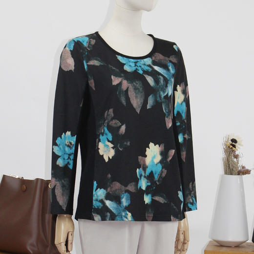 FOCALS福柯斯新款圆领套头长袖针织印花T恤上衣打底衫FYLCH600BV 商品图1