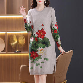 秋冬配大衣的毛衣裙，大款下摆开叉圆领洋气中长款印花连衣裙厚CC-38-8809