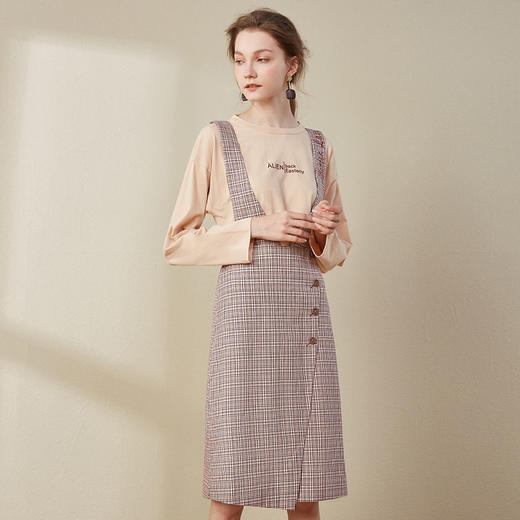 欧芮儿2018秋装新款长袖上衣女格子背带连衣裙女中长款套装 商品图2