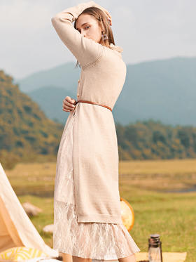 欧芮儿两件套蕾丝针织连衣裙女2018冬装中长款显瘦收腰A字裙