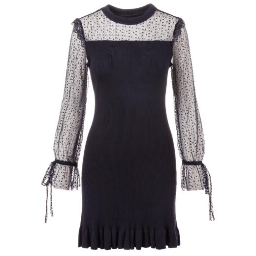 欧芮儿2018秋装新针织连衣裙女中长款网纱拼接木耳边黑色裙子 商品图3