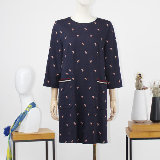 FOCALS福柯斯新款通勤圆领七分袖针织提花中长款连衣裙FRG3X625BV 商品图0