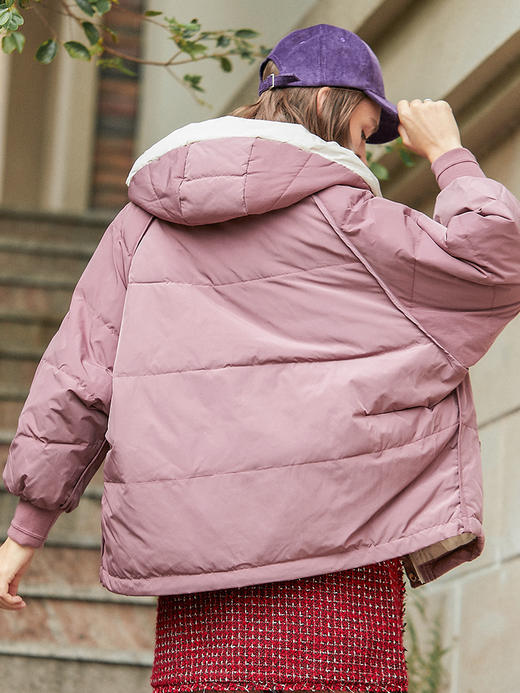 欧芮儿粉紫色连帽羽绒服女2019新款冬复古百搭短款外套百搭 商品图1