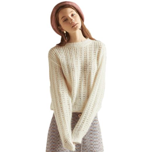 欧芮儿春秋装2019 显瘦宽松慵懒风打底镂空长袖杏色毛衣女 商品图3