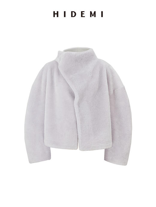 HIDEMI皮毛一体不对称立领设计感短款皮衣大衣 黑色/奶油紫 商品图10