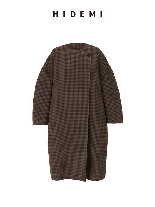 HIDEMI 深咖色格纹长款围巾式大衣 商品图14