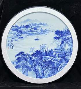 青花瓷板画溪山人家