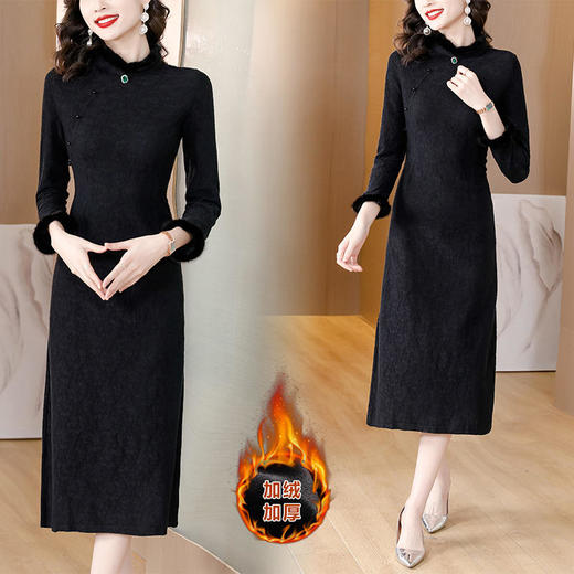 XY2160复古气质优雅加绒加厚提花连衣裙改良旗袍裙 商品图3