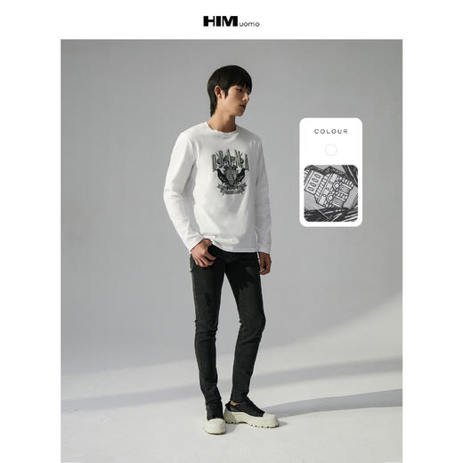 HIM漢崇  图案印花圆领套头长袖T恤休闲百搭白色打底衫男 2025秋季 商品图1