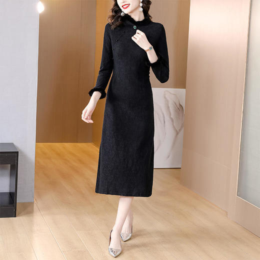 XY2160复古气质优雅加绒加厚提花连衣裙改良旗袍裙 商品图1