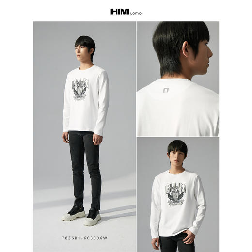 HIM漢崇  图案印花圆领套头长袖T恤休闲百搭白色打底衫男 2025秋季 商品图3