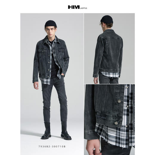 HIM漢崇 牛仔外套男商场同款冬装纯色翻领短款潮流洗水牛仔搂夹克 商品图3
