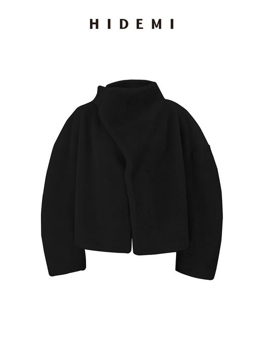 HIDEMI皮毛一体不对称立领设计感短款皮衣大衣 黑色/奶油紫 商品图11