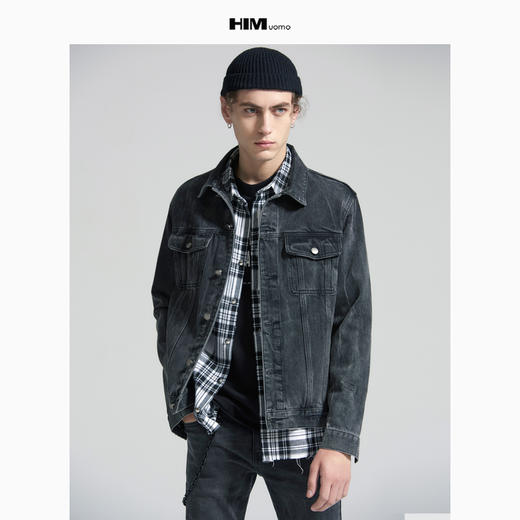 HIM漢崇 牛仔外套男商场同款冬装纯色翻领短款潮流洗水牛仔搂夹克 商品图0