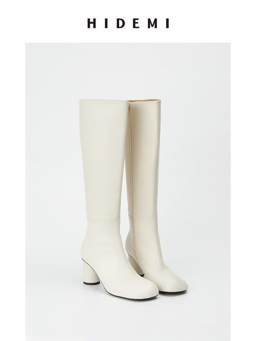 HIDEMI 牛皮圆头粗跟长靴 黑色/白色/波尔多红 商品图9