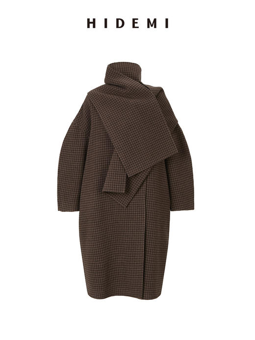 HIDEMI 深咖色格纹长款围巾式大衣 商品图13