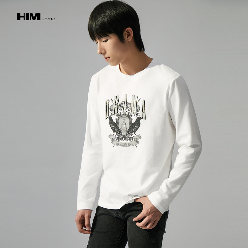 HIM漢崇  图案印花圆领套头长袖T恤休闲百搭白色打底衫男 2025秋季