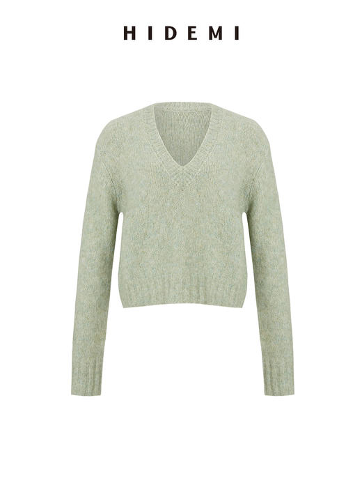 HIDEMI美利奴圈圈粗针羊毛水杉绿V领毛衣 商品图6