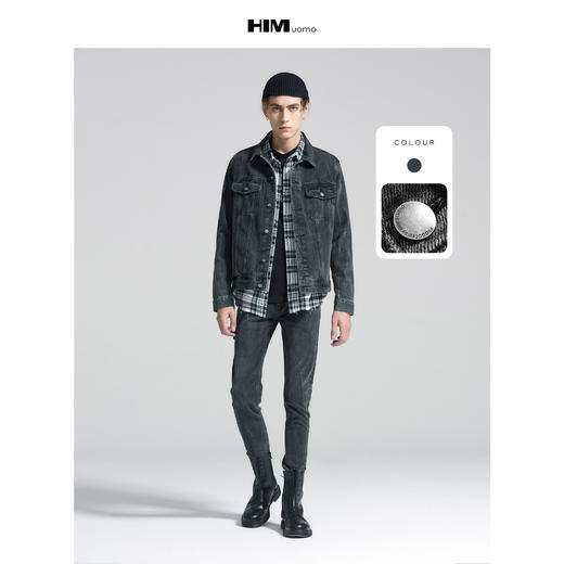 HIM漢崇 牛仔外套男商场同款冬装纯色翻领短款潮流洗水牛仔搂夹克 商品图1