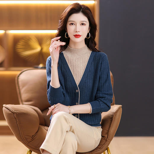 半高领打底衫内搭假两件拼色针织厚款上衣CC-101-82307 商品图0