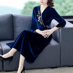 ZFN-78-8368 2022年秋冬新款修身贵气中年妈妈装金丝绒刺绣连衣裙女裙