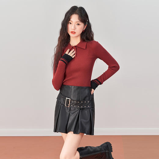 西遇POLO领针织衫女新款设计感小众红色短款毛衣上衣D1921591 商品图2