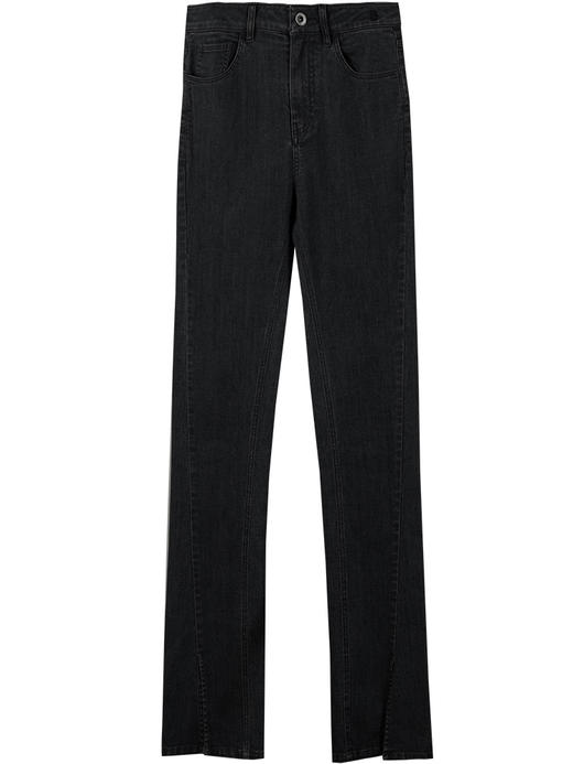 Self Who2022秋款前开叉弹力高腰显瘦微喇紧身黑色拖地牛仔长裤 商品图3