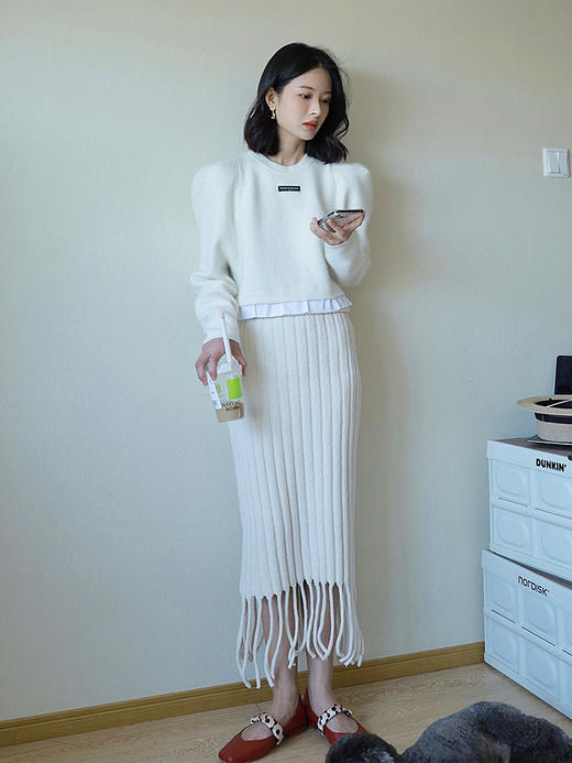 Self Who温柔风白色半身裙女流苏廓形高腰显瘦中长款针织裙子秋 商品图4