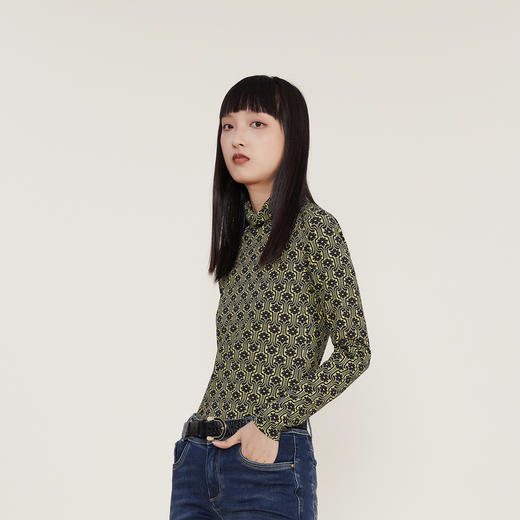 谜底2022冬季新款复古印花高领T恤女紧身打底上衣长袖224MT1664 商品图1