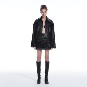 NUTH X 24ANS 联名系列 黑色设计感宽松皮衣外套/修身百搭短皮裙